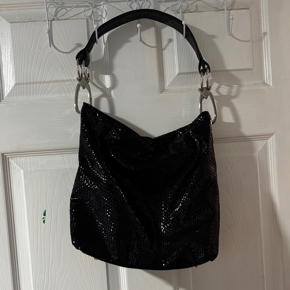 Black Sequin-like Unstructured Hobo Shoulder Bag with Clip On Strap